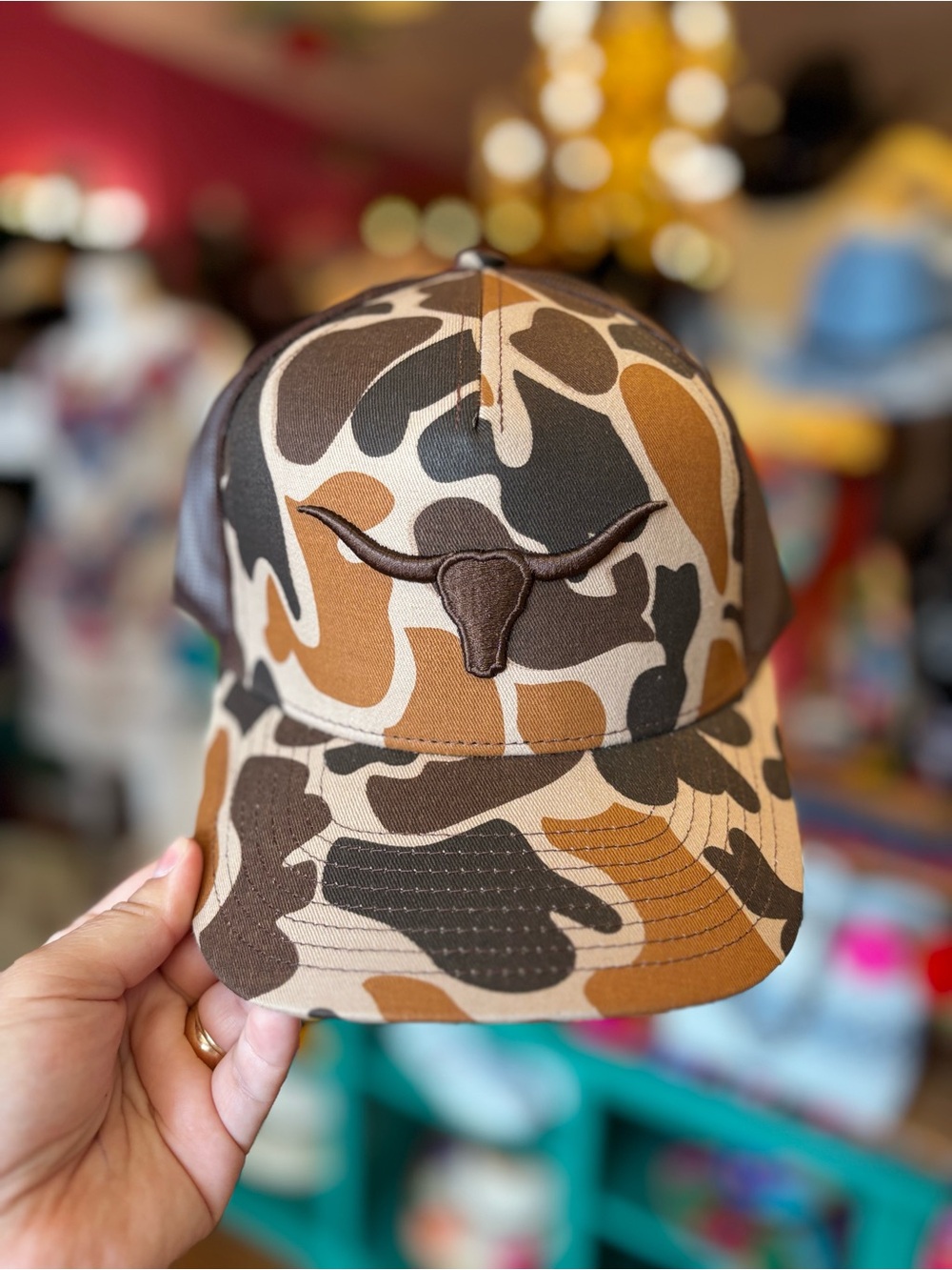 Brown Camo Trucker Hat with Longhorn Patch